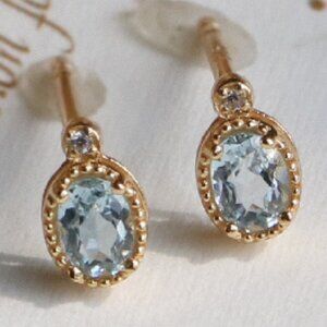 New S925 Sterling Silver Gold Needle Sky Blue Topaz Stud Earrings